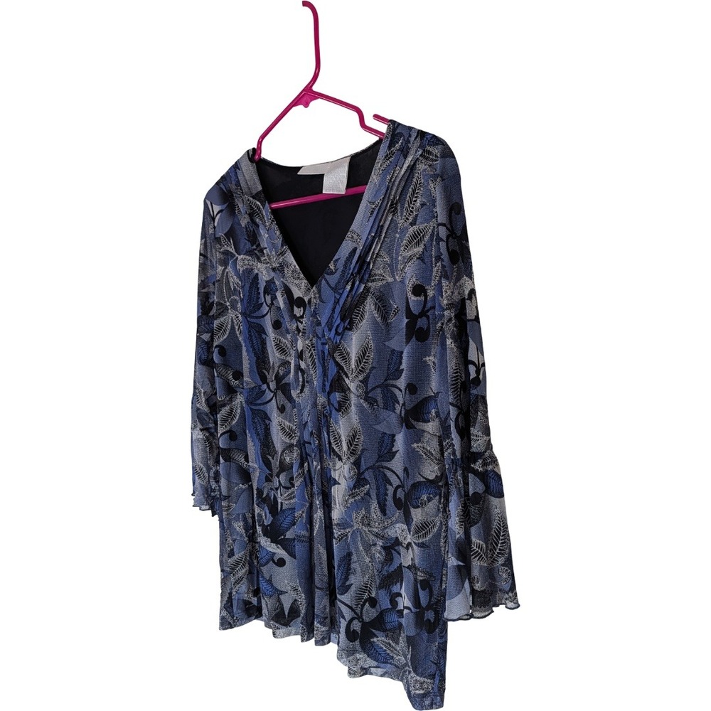 Worthington Blouse Women XL Blue Floral V-Neck 3/4 Bell Sleeve Mesh Lined Top - Picture 4 of 10